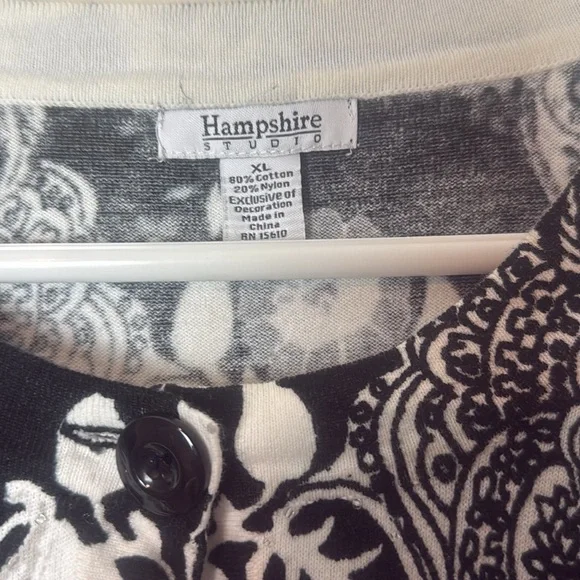 💛 Hampshire Studio Black and White Paisley Embellished Cardigan Open Sweater - Picture 5 of 9